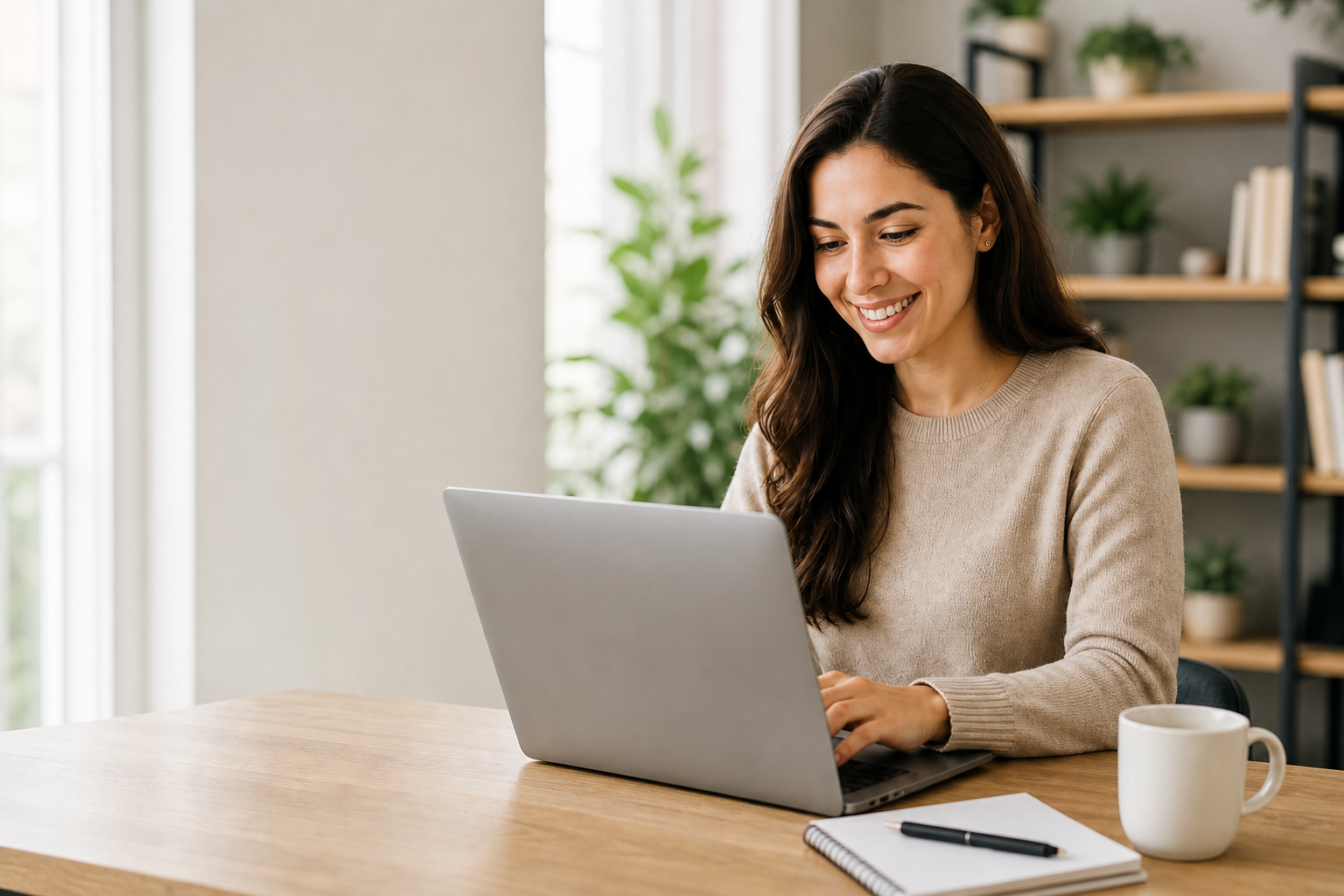 A remote professional working on a laptop in a bright home office